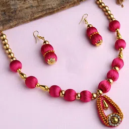 AKSHARA Gold-Plated White Stone Studded & Beaded  Silk Thread Necklace Set-image-87