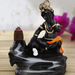 eCraftIndia Black & Gold-Toned Handcrafted Lord Krishna Smoke Backflow Cone Incense Holder-image-97