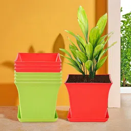 Kuber Industries 8-Pcs Green & Red Premium Flower Pots for Garden withBottomPlates-19