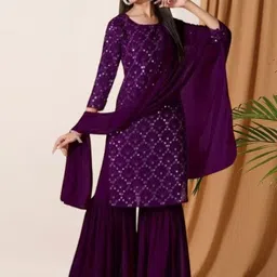 PARROT CREATION Women Embroidered Regular Sequinned Kurti with Sharara & With Dupatta-18