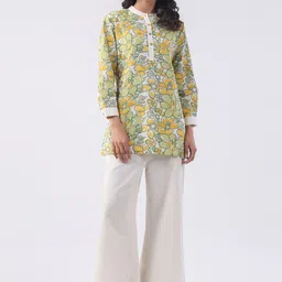 JISORA Printed Pure Cotton Mandarin Collar Top With Palazzos Co-Ords-picture-56