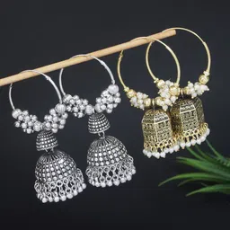 I Jewels Set Of 2 Gold-Plated Artificial Pearls Beaded Dome Shaped Oxidised Jhumkas-18