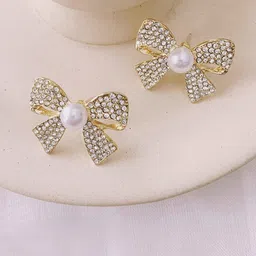 KRENOZ Gold-Plated Pearls & Artificial Stones Studded Beaded Bow Shaped Studs-13