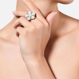 AMI Silver-Plated White AD-Studded Pearl Beaded Floral Shaped Adjustable Finger Ring-image-25