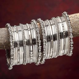 ZENEME Set Of 40 Silver-Plated Oxidised Textured Bangles-15