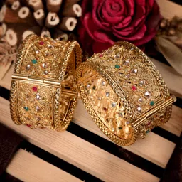 Saraf RS Jewellery Set Of 2 Gold-Plated Red & Green Stone-Studded Bangles-11