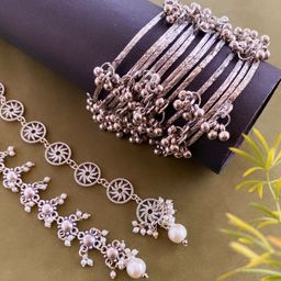 ATIBELLE Set Of 14 Silver-Plated Stone Studded & Beaded Jewellery Set-image-32