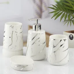 Kookee White 4 Pieces Abstract Printed Ceramic Glossy Finished Bath Accessories Set-18