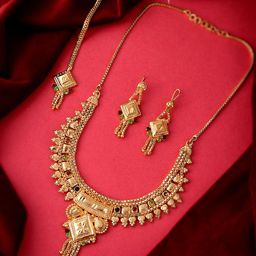 Silvermerc Designs Women Gold-Plated Red & Green Stone-Studded & Beaded Temple Jewellery Set-17