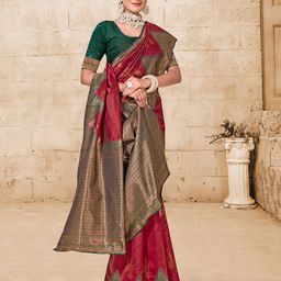 Anouk Red & Green Ethnic Motifs Woven Design Zari Saree-image-41