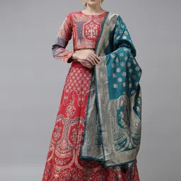 Fabcartz Red & Turquoise Blue Semi-Stitched Lehenga & Unstitched Blouse With Dupatta-image-67