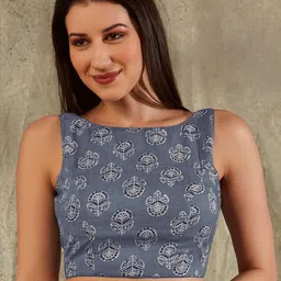 SALWAR STUDIO Block Printed Boat Neck Sleeveless Cotton Saree Blouse-14
