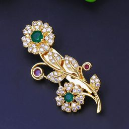 Yellow Chimes Gold-Plated White & Green AD-Studded Saree Pin Brooch-0