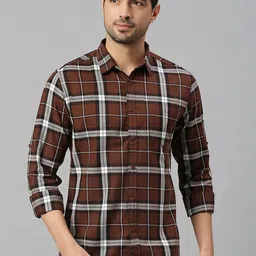 HERE&NOW Brown Classic Slim Fit Tartan Checked Twill Weave Pure Cotton Shirt-image-72