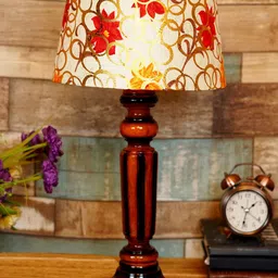 foziq Brown & White Floral Printed Wooden Table Lamp-picture-17