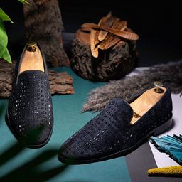 GRIFFIN Men Embellished Comfort Insole Velvet Party Loafers-image-97
