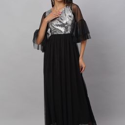 NEUDIS Women Black Embellished Net Maxi Dress-image-21