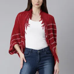 SHOWOFF Open Knit Self Design Shawl Collar Fringed Detail Acrylic Poncho-15