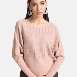 Kazo Women Pink Ribbed Pullover with Fringed Detail-image-40
