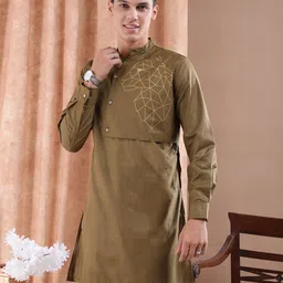 The Indian Garage Co Men Brown Solid Angrakha Kurta with Printed Detailing-32