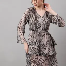 The Roadster Lifestyle Co. Grey V-Neck Printed Fit & Flared Mini Dress-picture-1