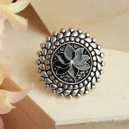 Jazz and Sizzle Women Silver-Plated Black  Lotus-Shaped Adjustable Finger Ring-19