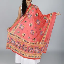 Exotic India Embroidered Pure Cotton Dupatta with Mirror Work-picture-13