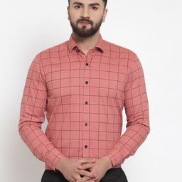 JAINISH Men Peach-Coloured Classic Windowpane Checked Cotton Formal Shirt-image-3