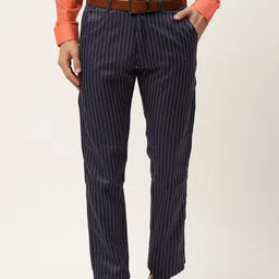 SOJANYA Men Navy Blue & Off-White Striped Smart Formal Trousers-image-73