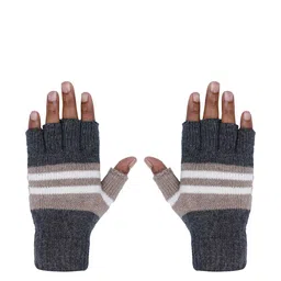 LOOM LEGACY Men Striped Winter Acrylic Woolen Half Finger Hand Gloves-image-30