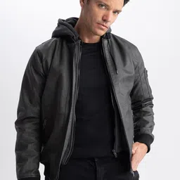 DeFacto Zip Detail Hooded Biker Jacket-image-29
