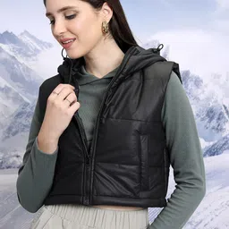 Tokyo Talkies Black Hooded Cropped Padded Jacket-image-92