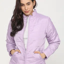Tokyo Talkies Women Purple Colourblocked Crop Padded Jacket-image-69