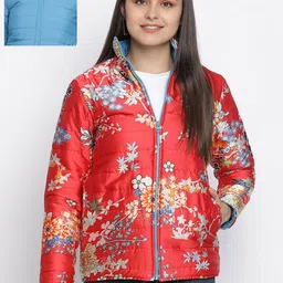Oxolloxo Women Red & Blue Floral Reversible Padded Jacket-image-97