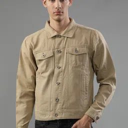 t-base Men Brown Windcheater Denim Jacket-image-67