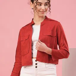 Globus Red Mandarin Collar Crop Open Front Jacket-image-11