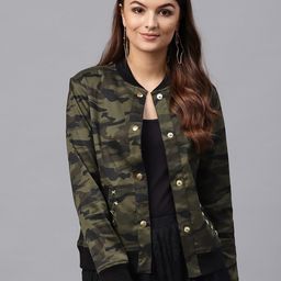 SASSAFRAS Olive Green Camouflage Printed Crop Bomber Jacket-picture-47