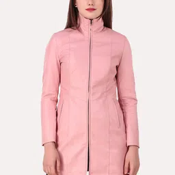 Leather Retail Women Pink Longline Outdoor Tailored Jacket-53