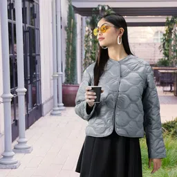 MANGO Women Grey Geometric Quilted Jacket-image-24