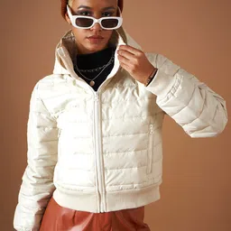 SASSAFRAS Beige Hooded Cropped Bomber Jacket-image-4