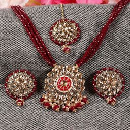 Jazz and Sizzle Gold-Plated Maroon Red Kundan-Studded & Beaded Jewellery Set-76