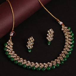 Jazz and Sizzle Women Gold-Plated Green & White Kundan Studded & Beaded Jewellery Set-19