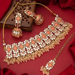 aadita Gold-Toned & Orange Alloy Gold-Plated Pearl Beaded Handcrafted Jewellery Set-picture-45