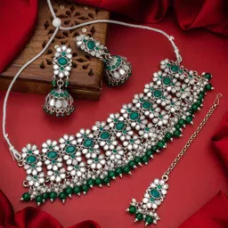aadita Women Silver-Toned Green Stone-Studded Beaded Mirror Handcrafted Embellished Jewellery Set-picture-34