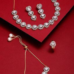 ZENEME Gold-Plated White AD-Studded Heart Shaped Jewellery Set-picture-5