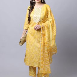 KALINI Floral Printed Thread Work Pure Cotton Straight Kurta With Trousers & Dupatta-image-49