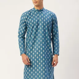 Jompers Men Teal & White Ethnic Motifs Thread Work Kurta-image-11