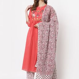 YELLOW CLOUD Women Peach-Coloured Embroidered Straight Cotton Kurta Trousers & Dupatta-10