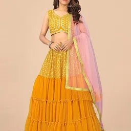 Nityanta Fab Yellow & Gold-Toned Embroidered Patchwork Semi-Stitched Lehenga & Unstitched Blouse With-8