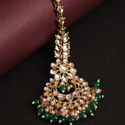 Jazz and Sizzle Gold-Plated & Green Kundan Studded & Beaded Maangtika-5